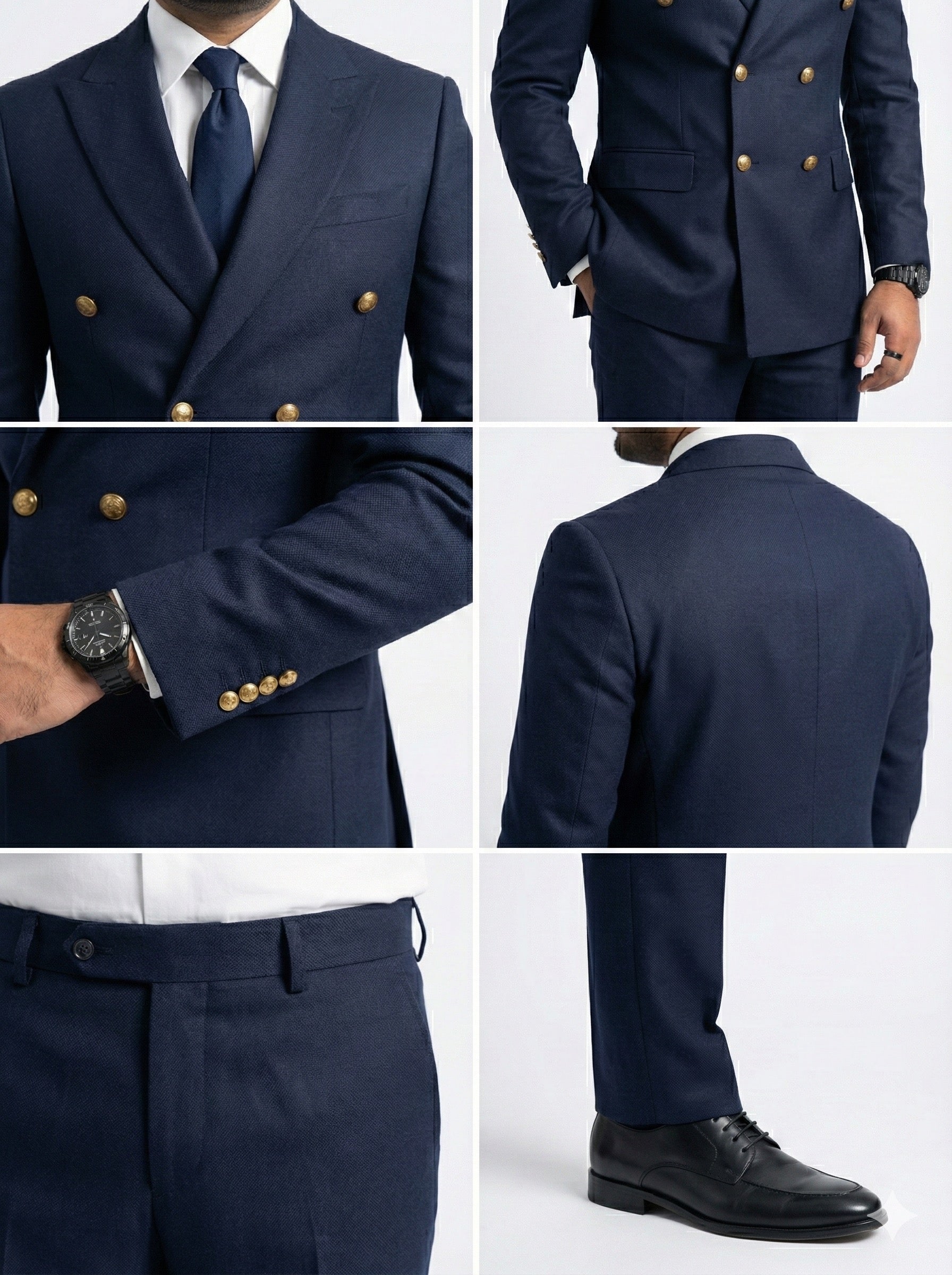 The Sovereign: Navy Double-Breasted Suit with Golden Accessories