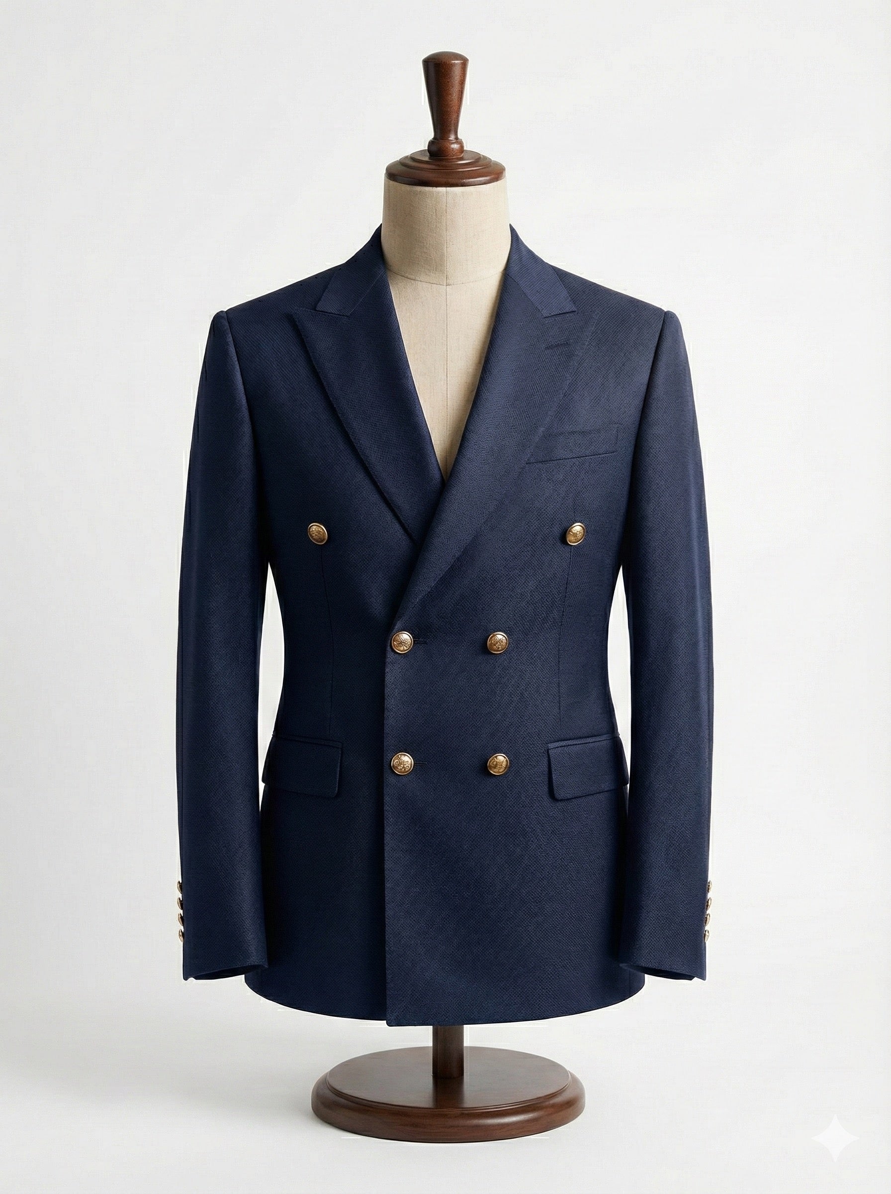 The Sovereign: Navy Double-Breasted Suit with Golden Accessories