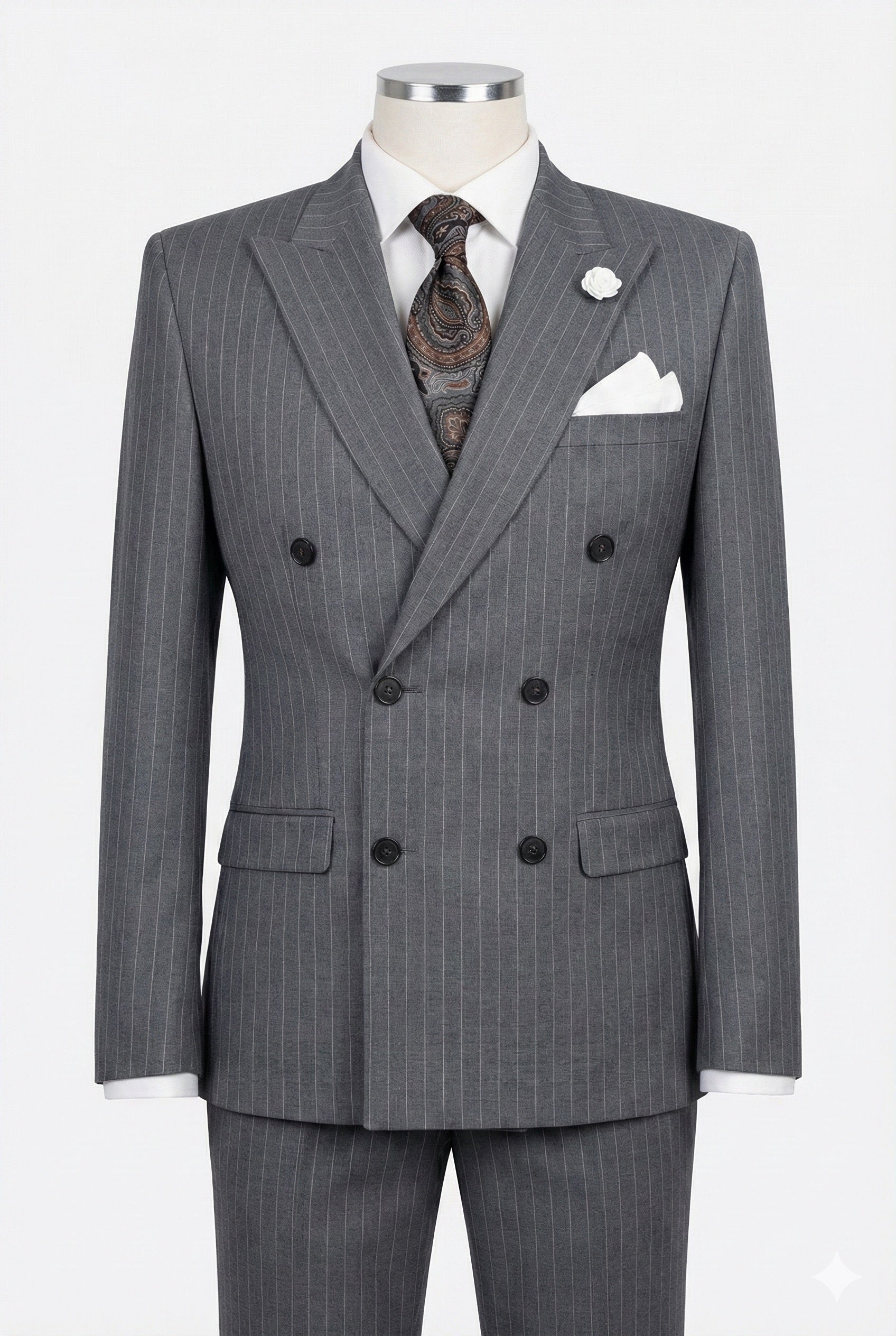 The Sterling Pinstripe: Super 150s Grey Double-Breasted Suit