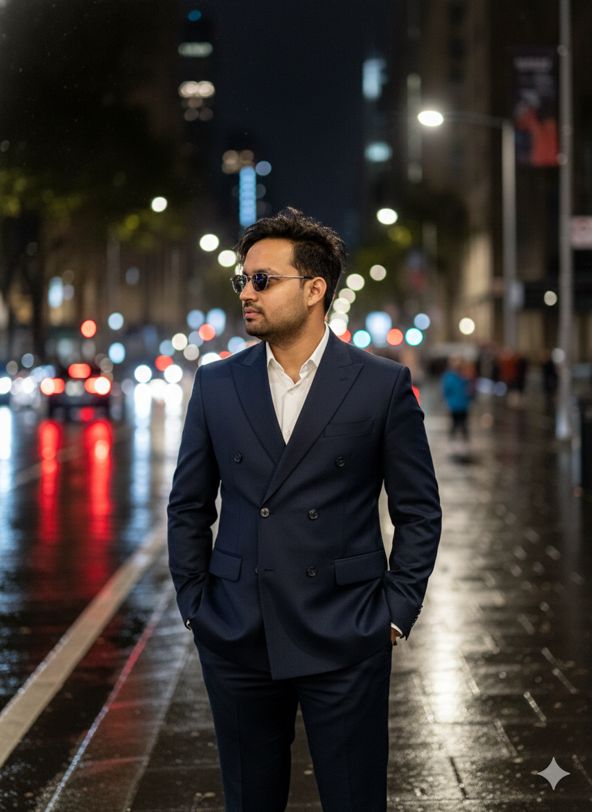 The Sovereign: Navy Double-Breasted Suit with Golden Accessories