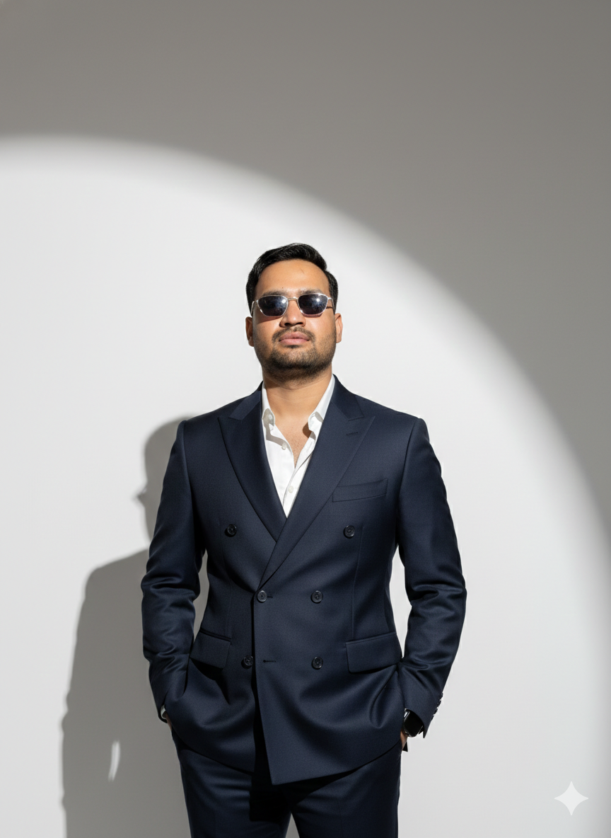 The Sovereign: Navy Double-Breasted Suit with Golden Accessories